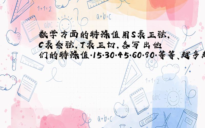 数学方面的特殊值用S表正弦,C表余弦,T表正切,各写出他们的特殊值.15.30.45.60.90.等等、越多越好还有兀、