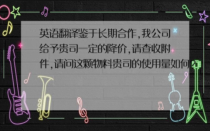 英语翻译鉴于长期合作,我公司给予贵司一定的降价,请查收附件,请问这颗物料贵司的使用量如何?