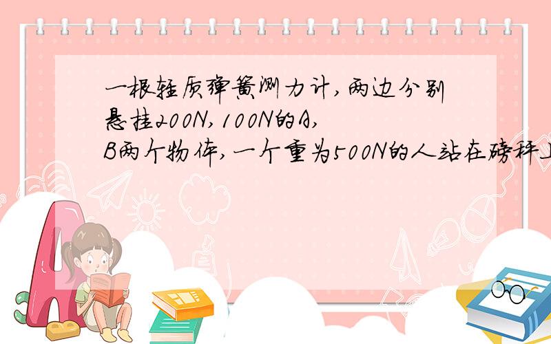 一根轻质弹簧测力计,两边分别悬挂200N,100N的A,B两个物体,一个重为500N的人站在磅秤上