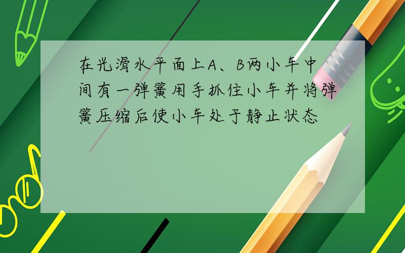 在光滑水平面上A、B两小车中间有一弹簧用手抓住小车并将弹簧压缩后使小车处于静止状态