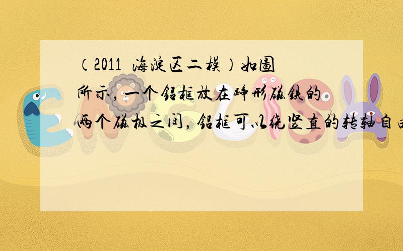 （2011•海淀区二模）如图所示，一个铝框放在蹄形磁铁的两个磁极之间，铝框可以绕竖直的转轴自由转动．转动手柄使磁铁绕竖直