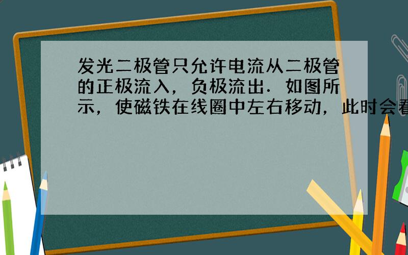 发光二极管只允许电流从二极管的正极流入，负极流出．如图所示，使磁铁在线圈中左右移动，此时会看见两只发光二极管轮流发光．该