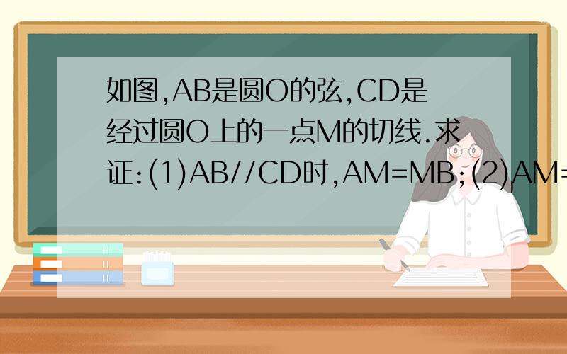 如图,AB是圆O的弦,CD是经过圆O上的一点M的切线.求证:(1)AB//CD时,AM=MB;(2)AM=MB时AB//