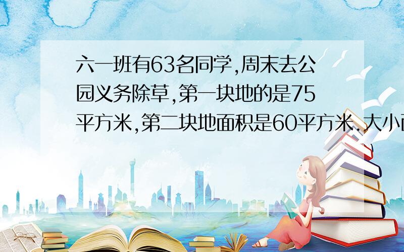 六一班有63名同学,周末去公园义务除草,第一块地的是75平方米,第二块地面积是60平方米.大小面积分各多少名同学?