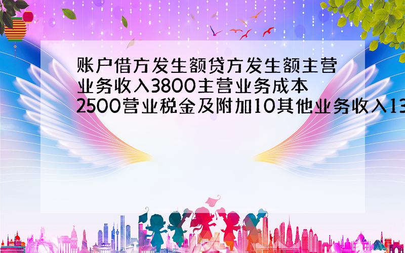 账户借方发生额贷方发生额主营业务收入3800主营业务成本2500营业税金及附加10其他业务收入130其他业务成本80销售