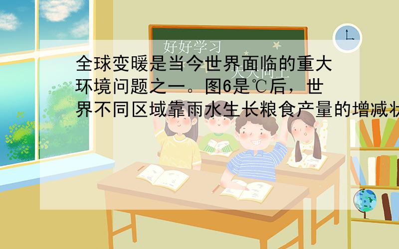 全球变暖是当今世界面临的重大环境问题之一。图6是℃后，世界不同区域靠雨水生长粮食产量的增减状况，读图回答第1-2题。