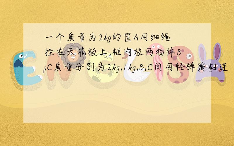 一个质量为2kg的筐A用细绳挂在天花板上,框内放两物体B,C质量分别为2kg,1kg,B,C间用轻弹簧相连