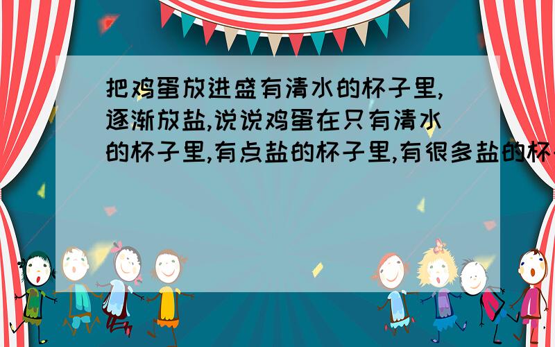 把鸡蛋放进盛有清水的杯子里,逐渐放盐,说说鸡蛋在只有清水的杯子里,有点盐的杯子里,有很多盐的杯子里的现象分别是什么?