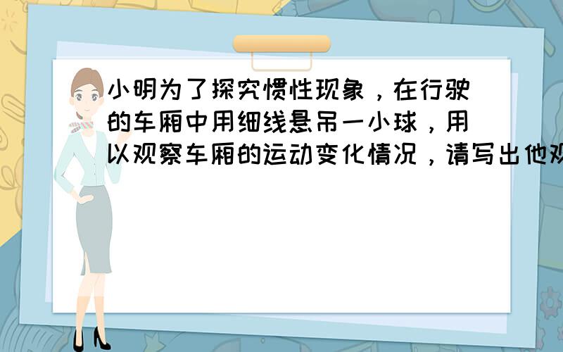 小明为了探究惯性现象，在行驶的车厢中用细线悬吊一小球，用以观察车厢的运动变化情况，请写出他观察到的现象的结论．