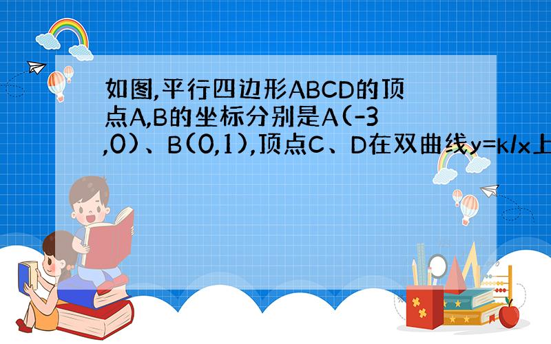 如图,平行四边形ABCD的顶点A,B的坐标分别是A(-3,0)、B(0,1),顶点C、D在双曲线y=k/x上,边AD交y