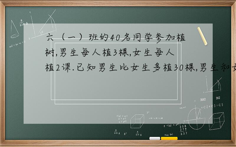 六（一）班的40名同学参加植树,男生每人植3棵,女生每人植2课.已知男生比女生多植30棵,男生和女生各多