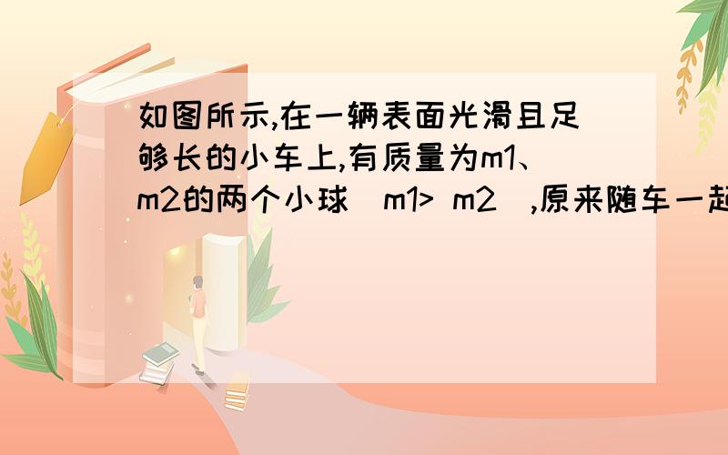 如图所示,在一辆表面光滑且足够长的小车上,有质量为m1、m2的两个小球(m1> m2),原来随车一起做匀速直线运动,当车