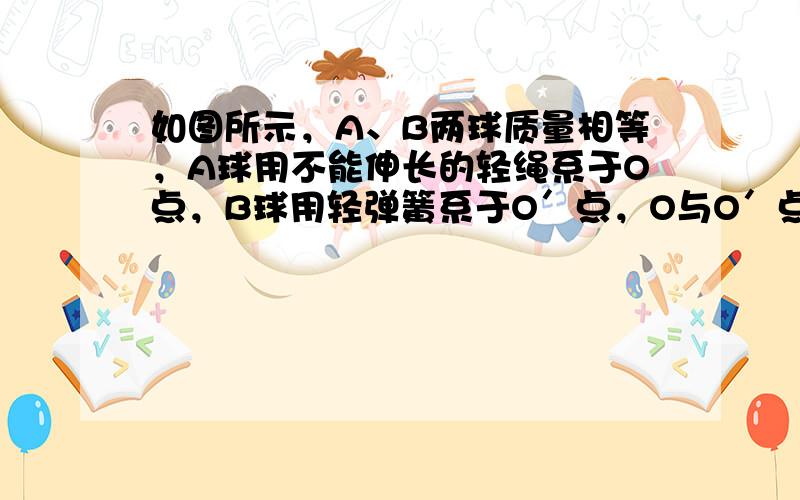 如图所示，A、B两球质量相等，A球用不能伸长的轻绳系于O点，B球用轻弹簧系于O′点，O与O′点在同一水平面上，分别将A、