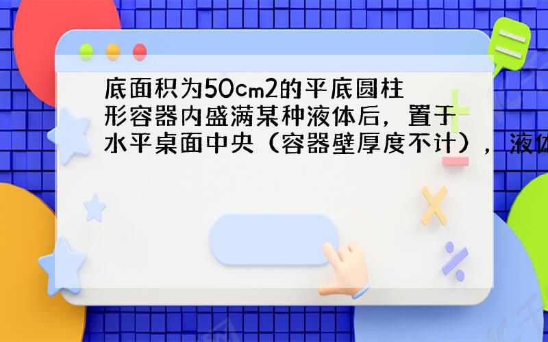 底面积为50cm2的平底圆柱形容器内盛满某种液体后，置于水平桌面中央（容器壁厚度不计），液体的压强与深度的关系如图1所示