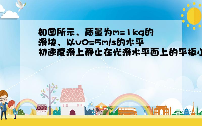 如图所示，质量为m=1kg的滑块，以v0=5m/s的水平初速度滑上静止在光滑水平面上的平板小车，小车质量M=4kg，小车