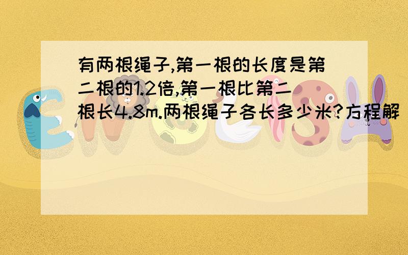 有两根绳子,第一根的长度是第二根的1.2倍,第一根比第二根长4.8m.两根绳子各长多少米?方程解