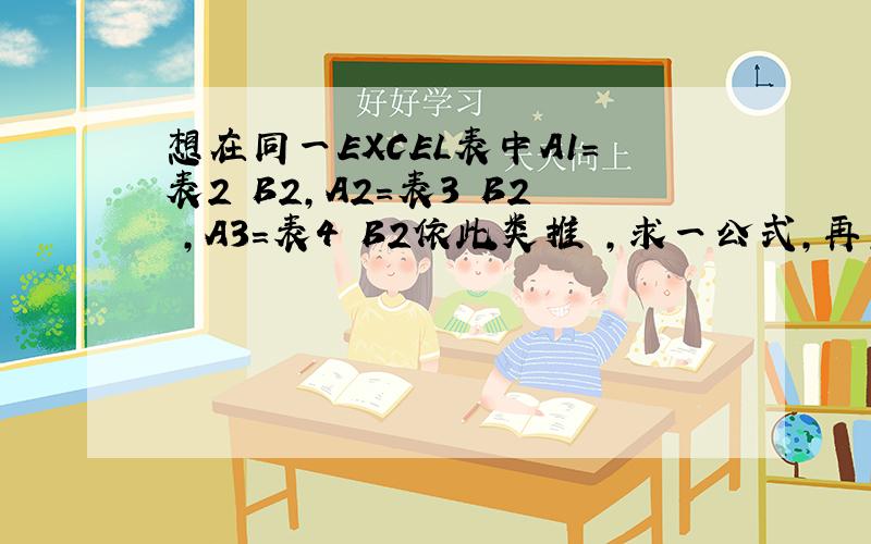 想在同一EXCEL表中A1=表2 B2,A2=表3 B2 ,A3=表4 B2依此类推 ,求一公式,再直接下拉就可显示相应