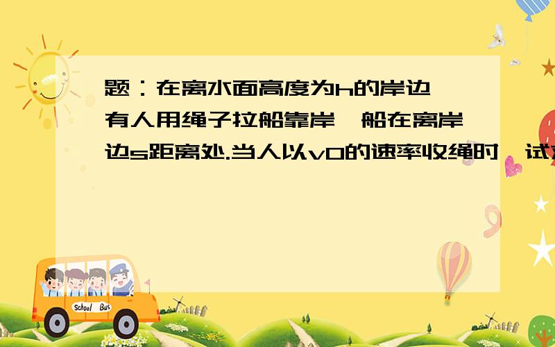 题：在离水面高度为h的岸边,有人用绳子拉船靠岸,船在离岸边s距离处.当人以v0的速率收绳时,试求船的加速度有多大.