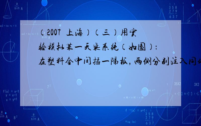 （2007•上海）（三）用实验模拟某一天气系统（如图）：在塑料合中间插一隔板，两侧分别注入同体积红色暖水（代表暖空气）与