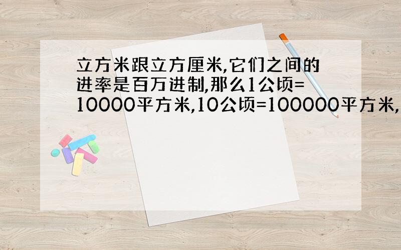 立方米跟立方厘米,它们之间的进率是百万进制,那么1公顷=10000平方米,10公顷=100000平方米,1000公顷=1