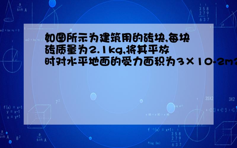 如图所示为建筑用的砖块,每块砖质量为2.1kg,将其平放时对水平地面的受力面积为3×10-2m2,现将另一块相同的砖竖放