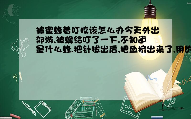 被蜜蜂着叮咬该怎么办今天外出郊游,被蜂给叮了一下.不知道是什么蜂.把针拔出后,把血挤出来了,用的是吹泡泡的水清洗的.一开