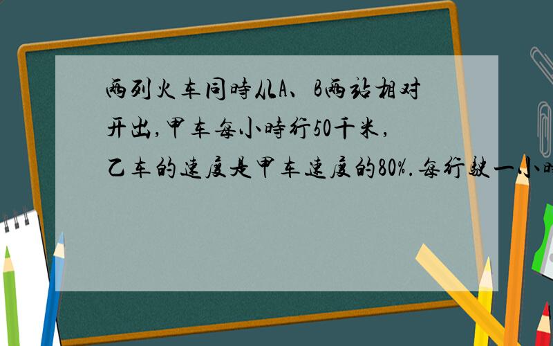 两列火车同时从A、B两站相对开出,甲车每小时行50千米,乙车的速度是甲车速度的80%.每行驶一小时两车之间