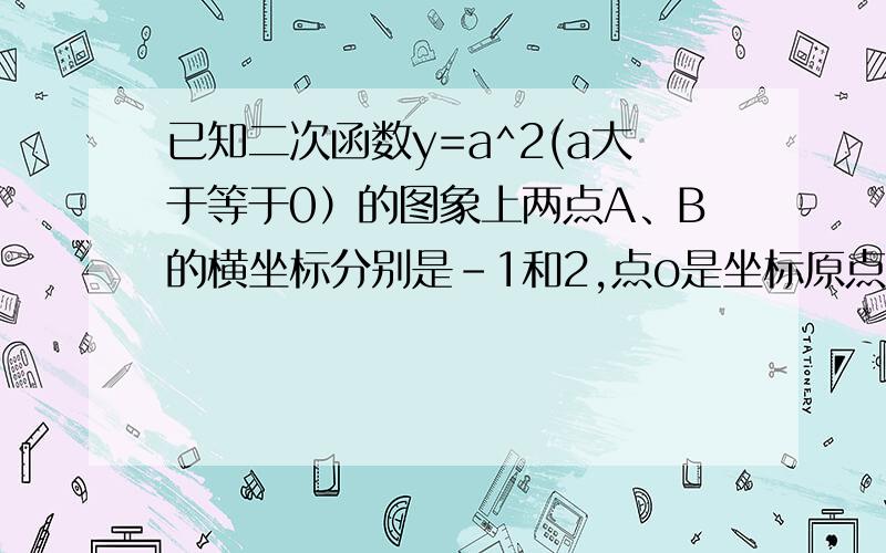 已知二次函数y=a^2(a大于等于0）的图象上两点A、B的横坐标分别是-1和2,点o是坐标原点,