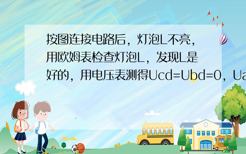 按图连接电路后，灯泡L不亮，用欧姆表检查灯泡L，发现L是好的，用电压表测得Ucd=Ubd=0，Uad=6V.由此可断定，