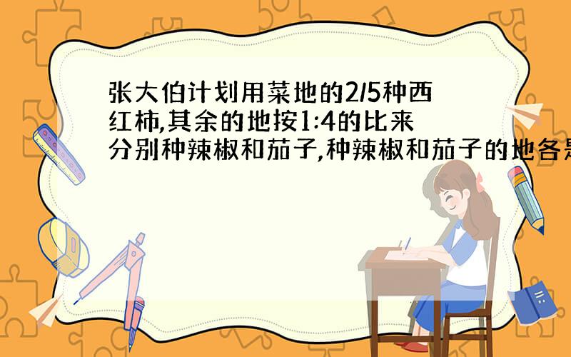 张大伯计划用菜地的2/5种西红柿,其余的地按1:4的比来分别种辣椒和茄子,种辣椒和茄子的地各是多少平方米?长25米,宽2