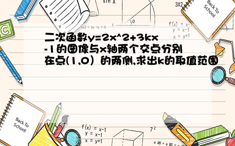 二次函数y=2x^2+3kx-1的图像与x轴两个交点分别在点(1,0）的两侧,求出k的取值范围