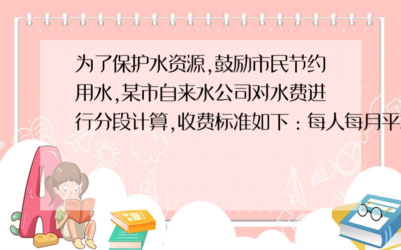 为了保护水资源,鼓励市民节约用水,某市自来水公司对水费进行分段计算,收费标准如下：每人每月平均用水3吨以内（包括3吨）,