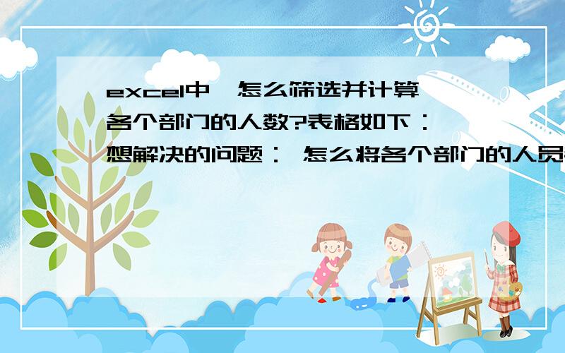 excel中,怎么筛选并计算各个部门的人数?表格如下： 想解决的问题： 怎么将各个部门的人员都自动计算出来