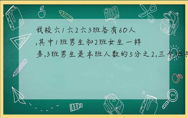 我校六1六2六3班各有6O人,其中1班男生和2班女生一样多,3班男生是本班人数的5分之2,三个班共有男生（）