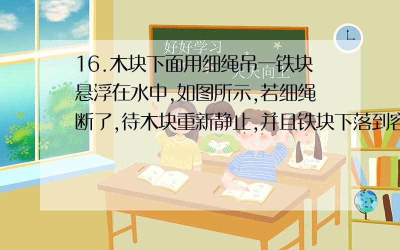 16.木块下面用细绳吊一铁块悬浮在水中,如图所示,若细绳断了,待木块重新静止,并且铁块下落到容器底后,水对容器的压力和压