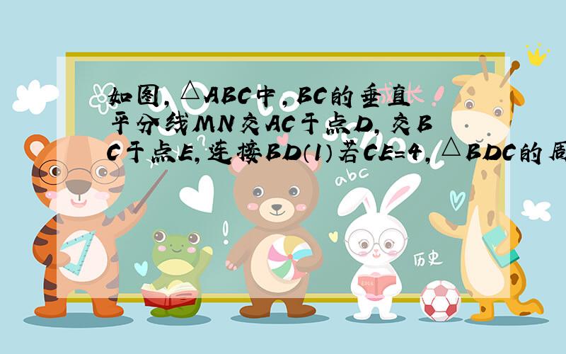 如图,△ABC中,BC的垂直平分线MN交AC于点D,交BC于点E,连接BD（1）若CE=4,△BDC的周长是18,求BD