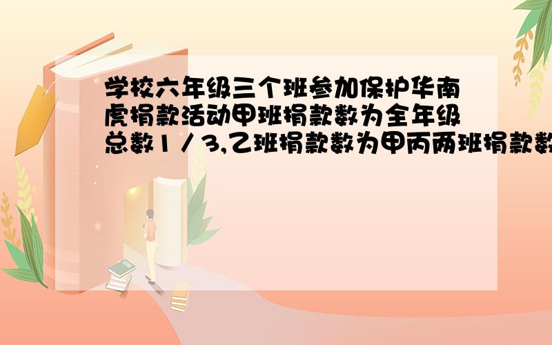 学校六年级三个班参加保护华南虎捐款活动甲班捐款数为全年级总数1／3,乙班捐款数为甲丙两班捐款数和的