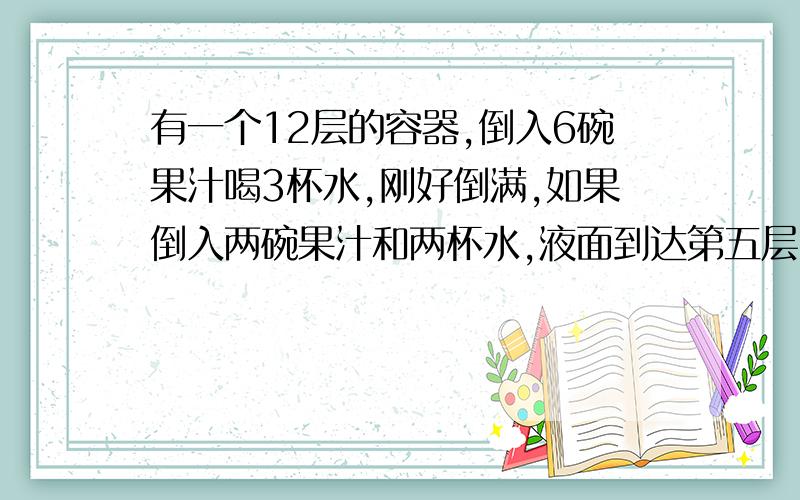 有一个12层的容器,倒入6碗果汁喝3杯水,刚好倒满,如果倒入两碗果汁和两杯水,液面到达第五层.