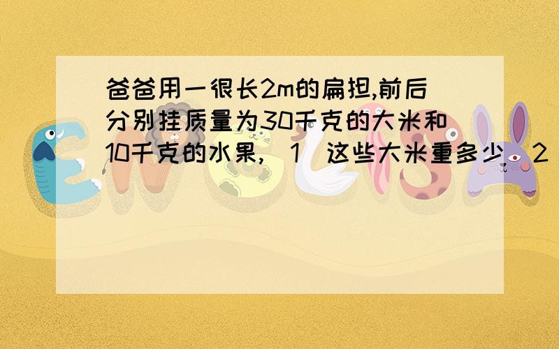 爸爸用一很长2m的扁担,前后分别挂质量为30千克的大米和10千克的水果,（1）这些大米重多少（2）扁担的位置应放在爸爸肩