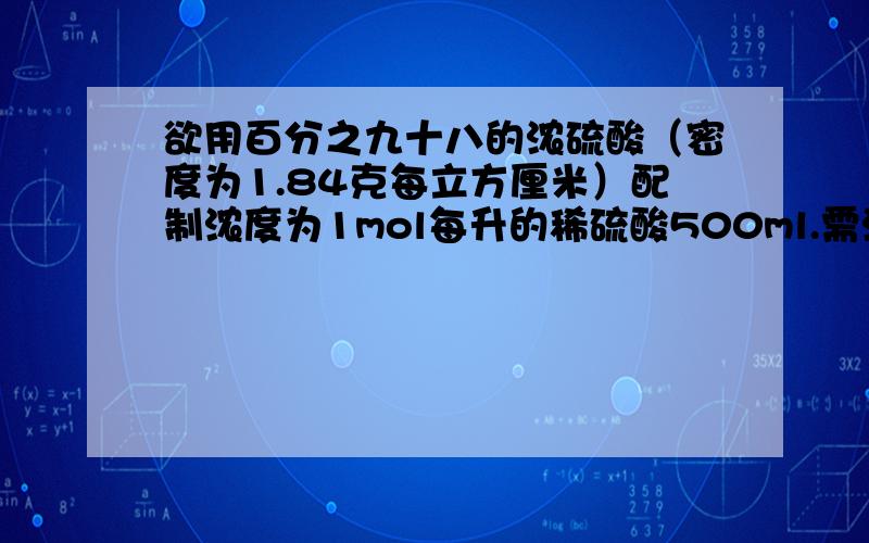 欲用百分之九十八的浓硫酸（密度为1.84克每立方厘米）配制浓度为1mol每升的稀硫酸500ml.需浓硫酸多少ml