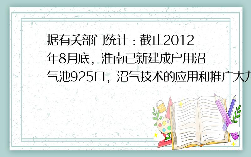 据有关部门统计：截止2012年8月底，淮南已新建成户用沼气池925口，沼气技术的应用和推广大力改善农村的环境卫生条件，很