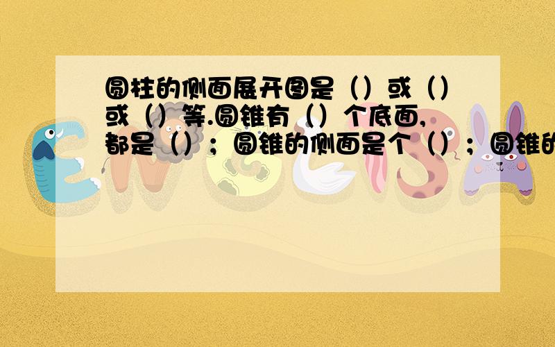 圆柱的侧面展开图是（）或（）或（）等.圆锥有（）个底面,都是（）；圆锥的侧面是个（）；圆锥的侧面展