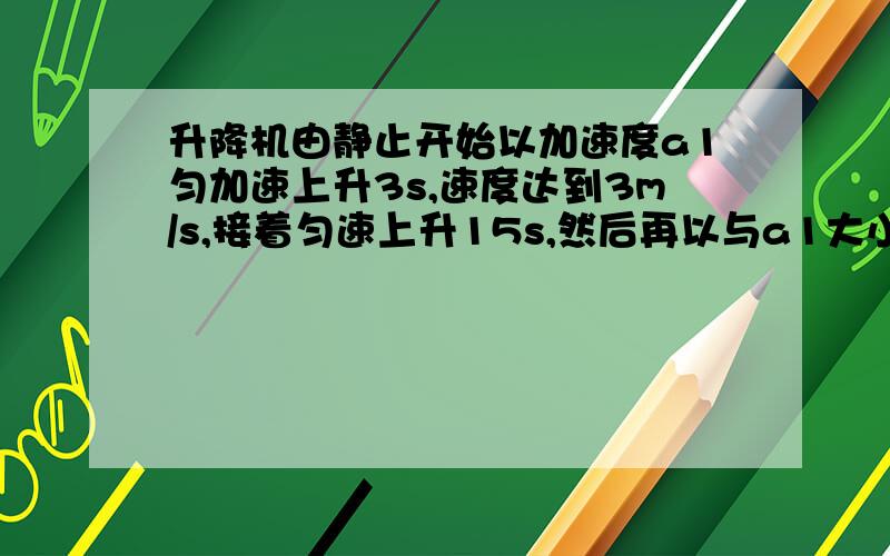 升降机由静止开始以加速度a1匀加速上升3s,速度达到3m/s,接着匀速上升15s,然后再以与a1大小相同,方向相反的恒定