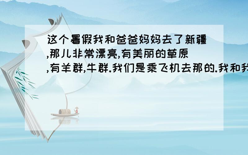 这个暑假我和爸爸妈妈去了新疆,那儿非常漂亮,有美丽的草原,有羊群,牛群.我们是乘飞机去那的.我和我的新朋友一起唱歌跳舞了