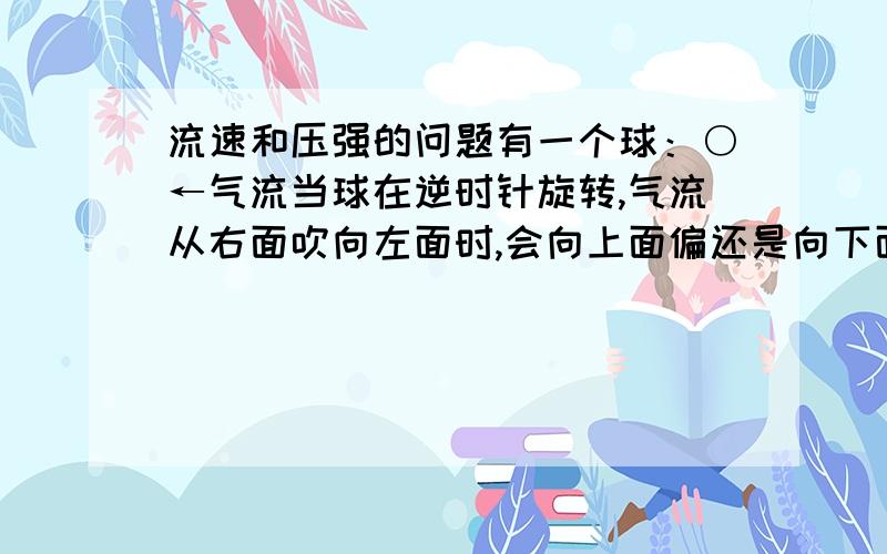 流速和压强的问题有一个球：○←气流当球在逆时针旋转,气流从右面吹向左面时,会向上面偏还是向下面偏?简述理由