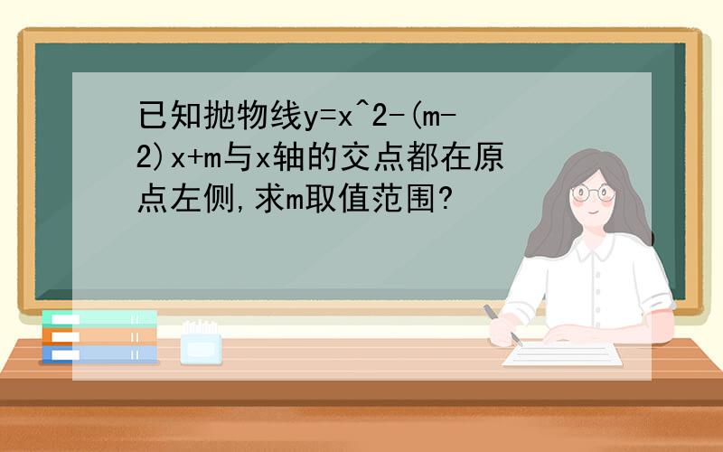 已知抛物线y=x^2-(m-2)x+m与x轴的交点都在原点左侧,求m取值范围?