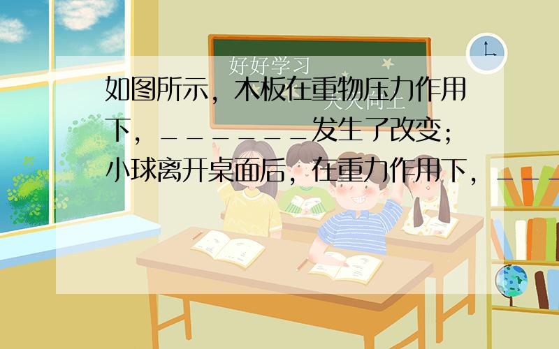 如图所示，木板在重物压力作用下，______发生了改变；小球离开桌面后，在重力作用下，______发生了改变；压紧的铅块