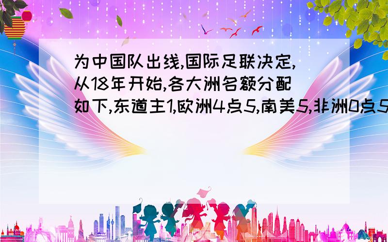 为中国队出线,国际足联决定,从18年开始,各大洲名额分配如下,东道主1,欧洲4点5,南美5,非洲0点5,...