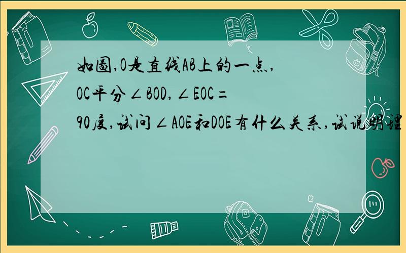 如图,O是直线AB上的一点,OC平分∠BOD,∠EOC=90度,试问∠AOE和DOE有什么关系,试说明理由.