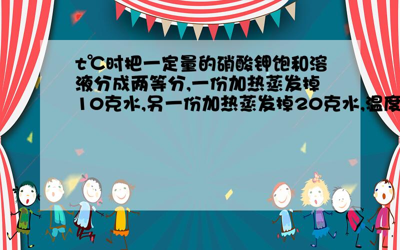 t℃时把一定量的硝酸钾饱和溶液分成两等分,一份加热蒸发掉10克水,另一份加热蒸发掉20克水,温度不变,分别析出ag和bg